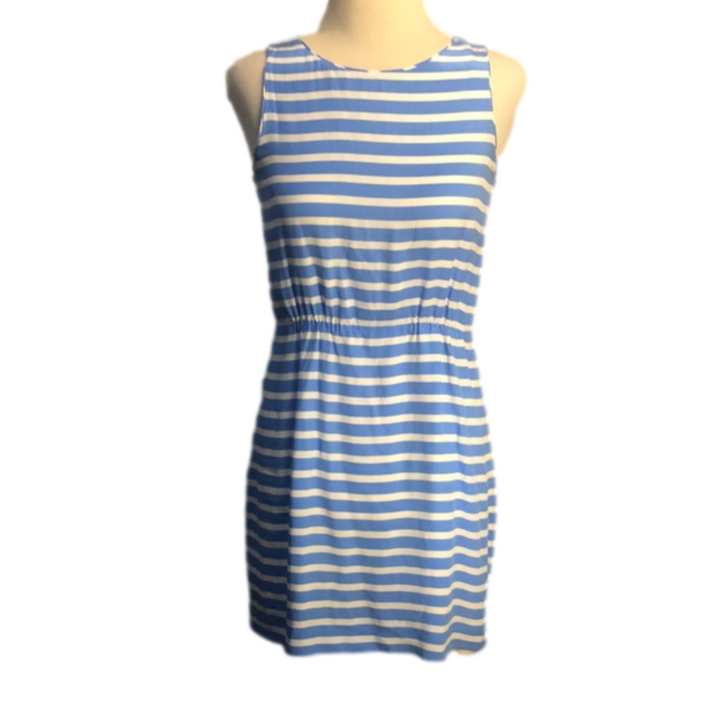 J. CREW Size 2 Blue and White Striped 100% Silk Sleeveless Dress - Picture 3 of 11